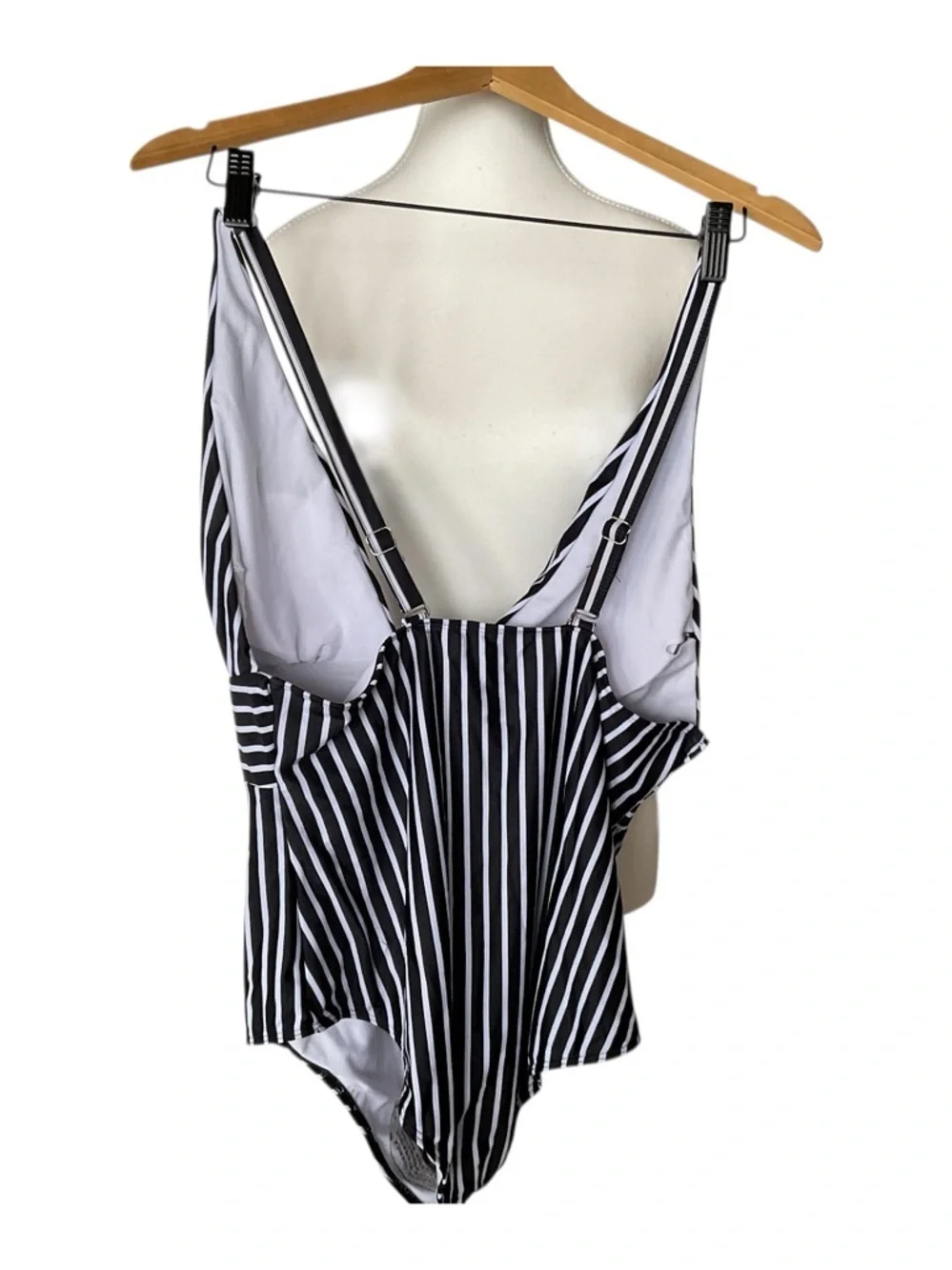 Black White Striped One Piece Swimsuit XL Plunge V Neck - Picture 3 of 4